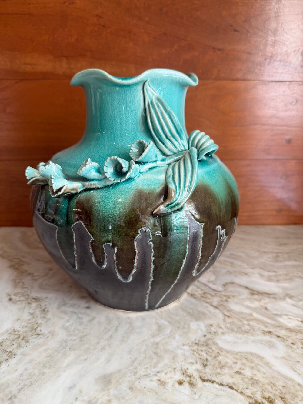 Glazed Ceramic Pottery Vase Teal Chocolate Brown Raised Floral Detail